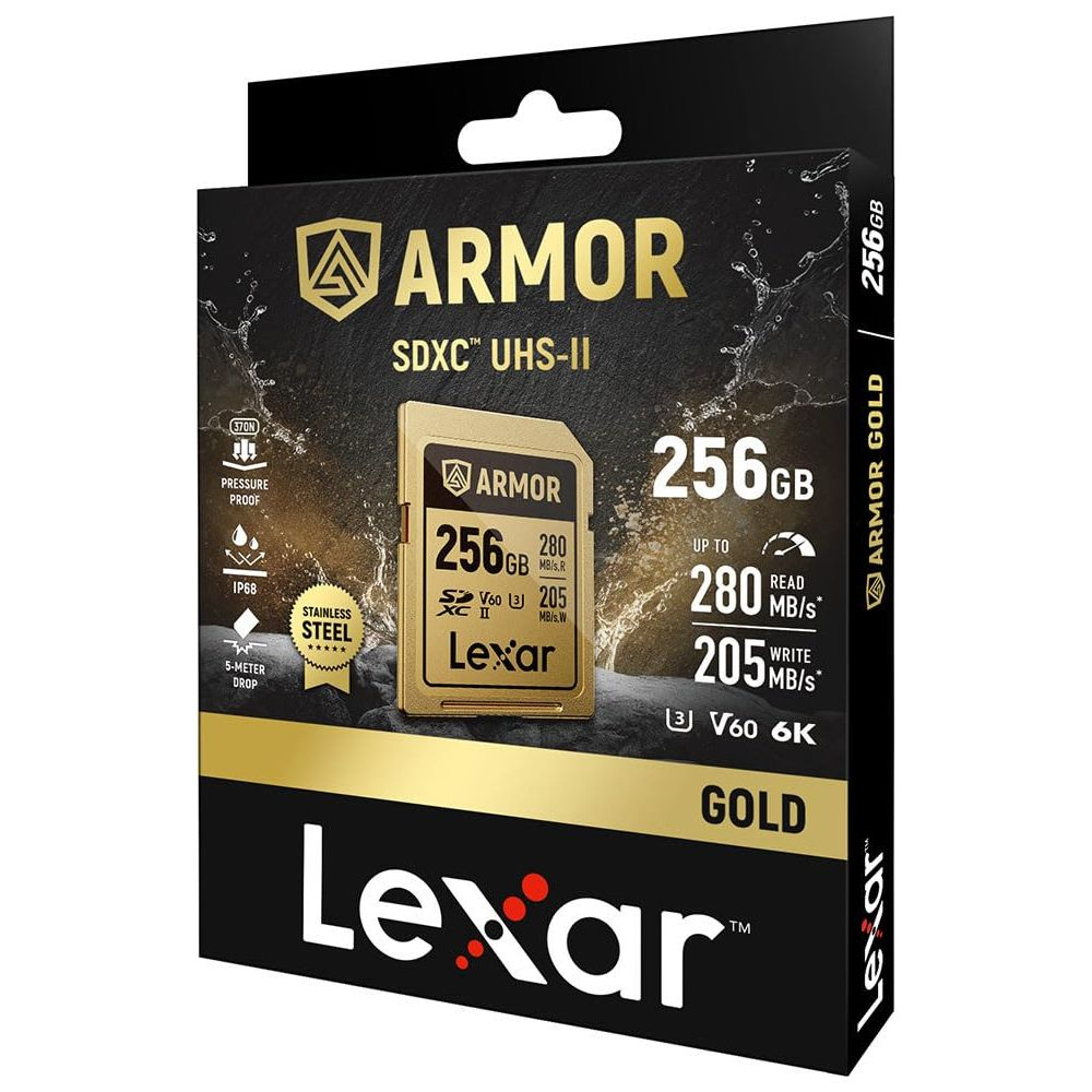 Lexar Armor Gold 256GB SDXC UHS-II card with 280MB/s read and 205MB/s write speeds.
