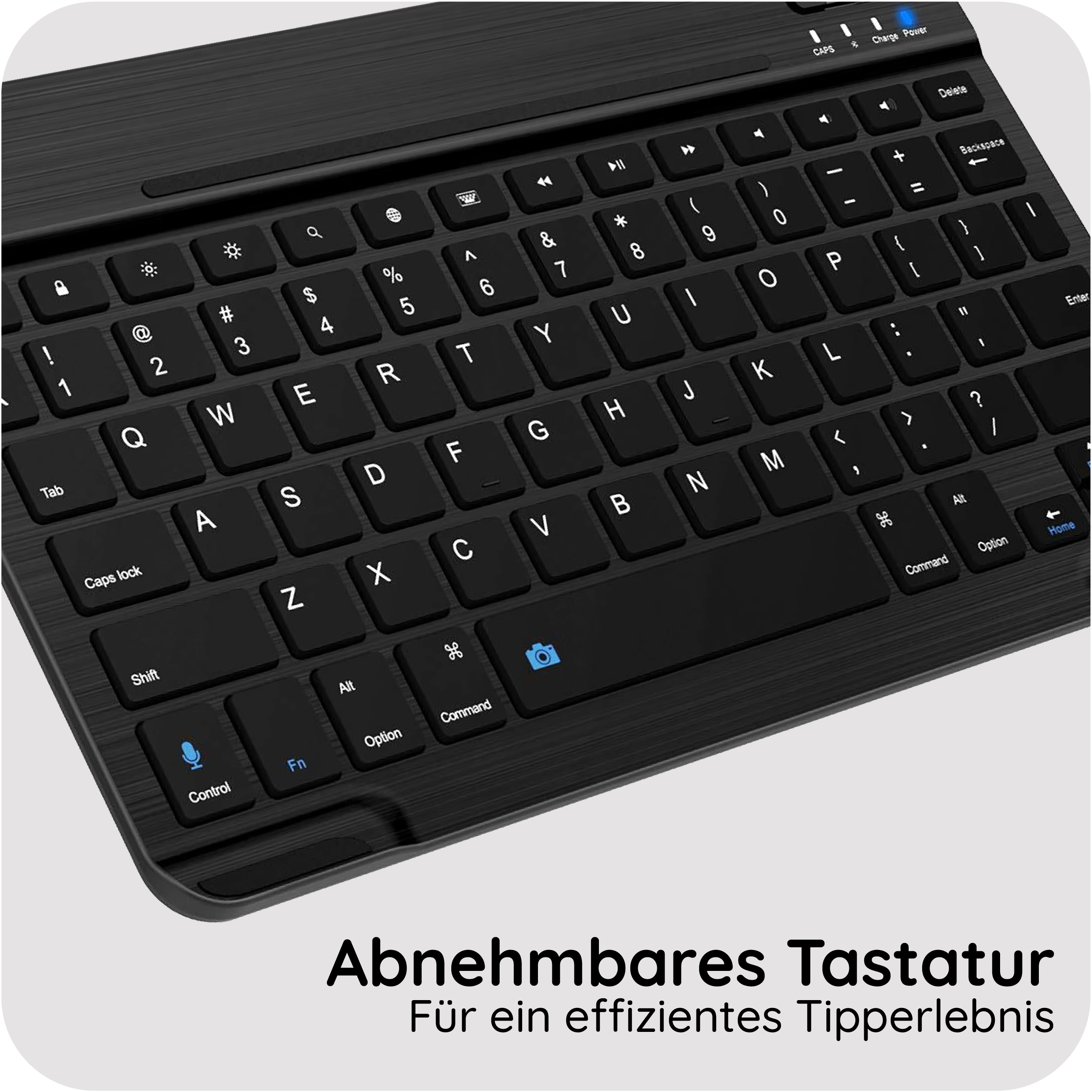 Schwarze Tastatur mit vielen Tasten, Icons und deutschen Texten. Oben sind Ladeanzeigen.