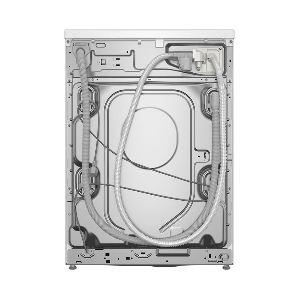 Arrière d'une machine à laver montrant tuyaux et connexions.