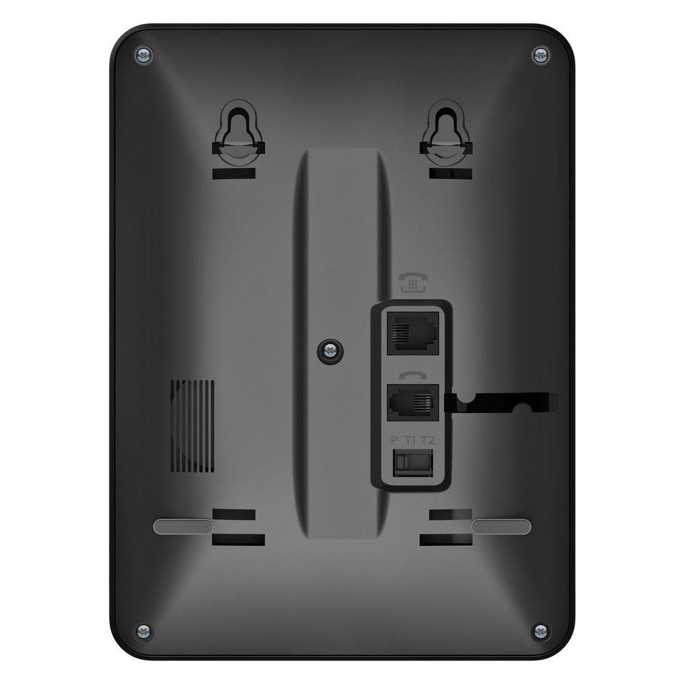 Arrière d'un téléphone noir montrant les ports et les trous de montage.