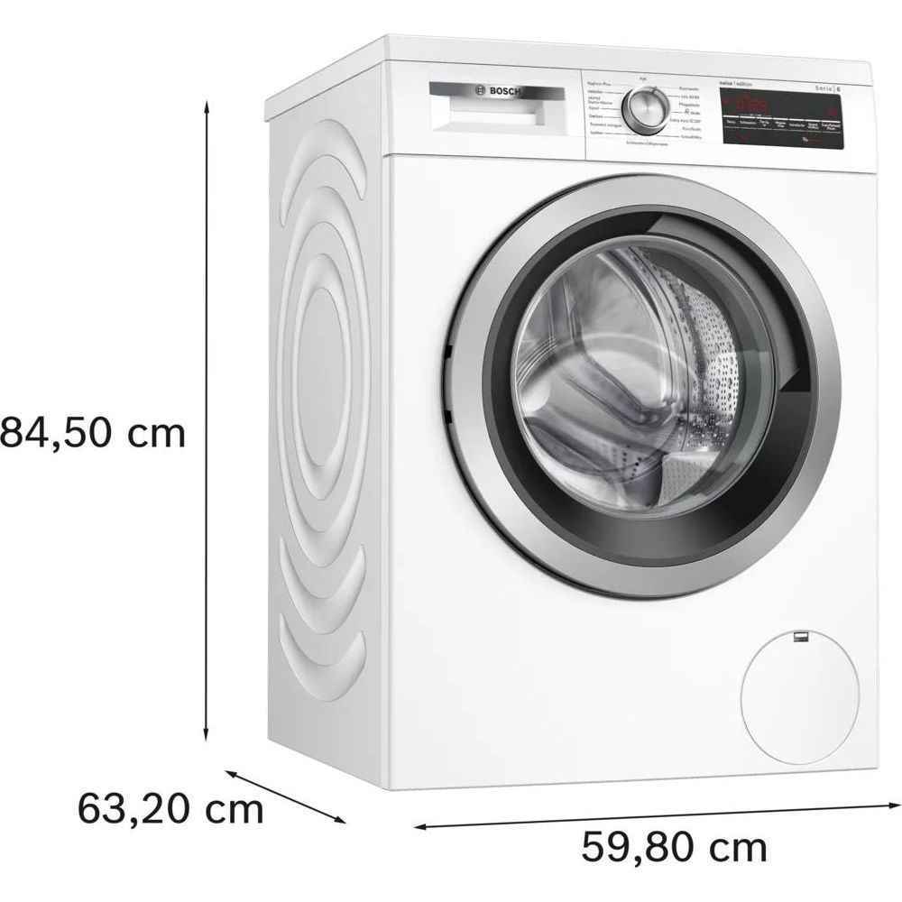 Lavatrice bianca Bosch a carica frontale. Dimensioni: 84,5x59,8x63,2 cm.