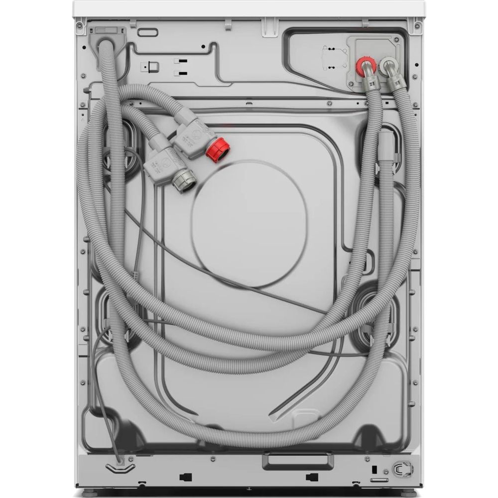 Vista posteriore di una lavatrice con tubi e connessioni.