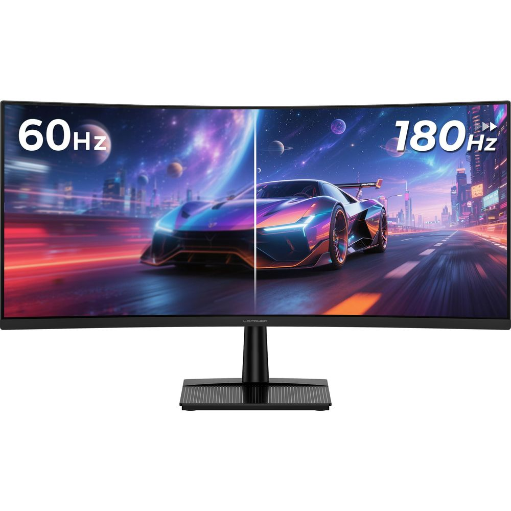 Un monitor curvo mostra due immagini di auto da corsa: 60Hz a sinistra, 180Hz a destra.