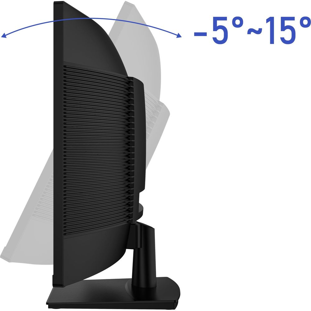Base e supporto monitor nero, che mostra l'intervallo di inclinazione da -5 a 15 gradi.