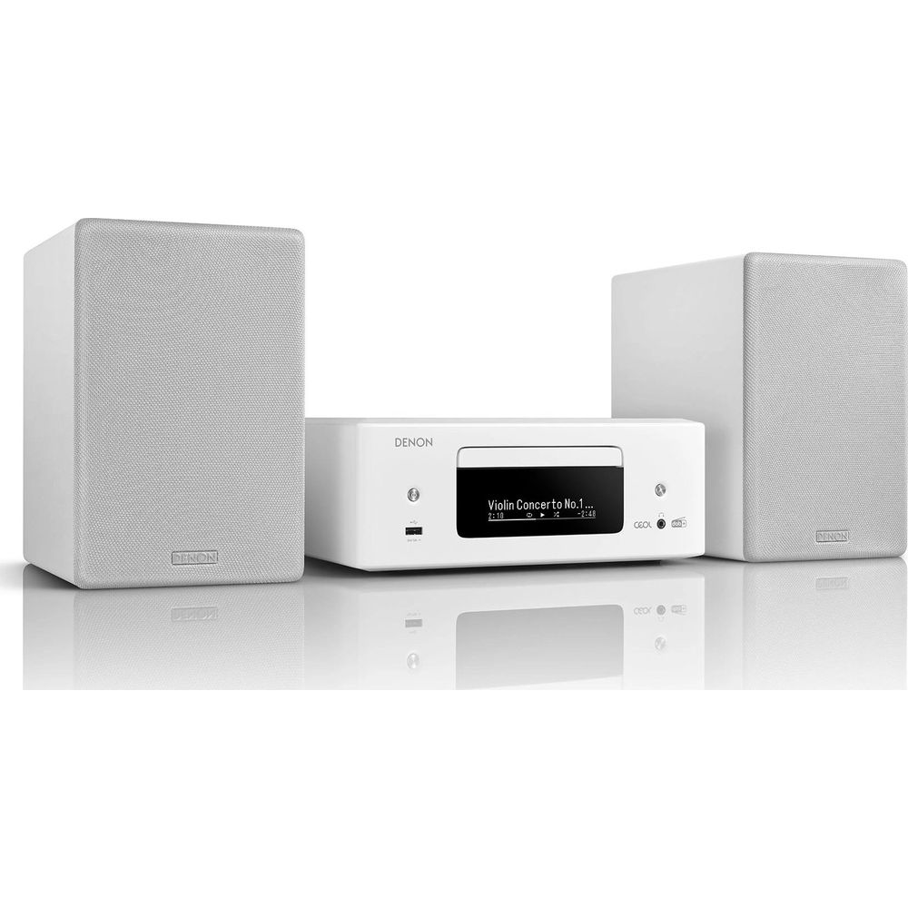 Un sistema Hi-Fi Denon bianco con lettore CD e due altoparlanti.