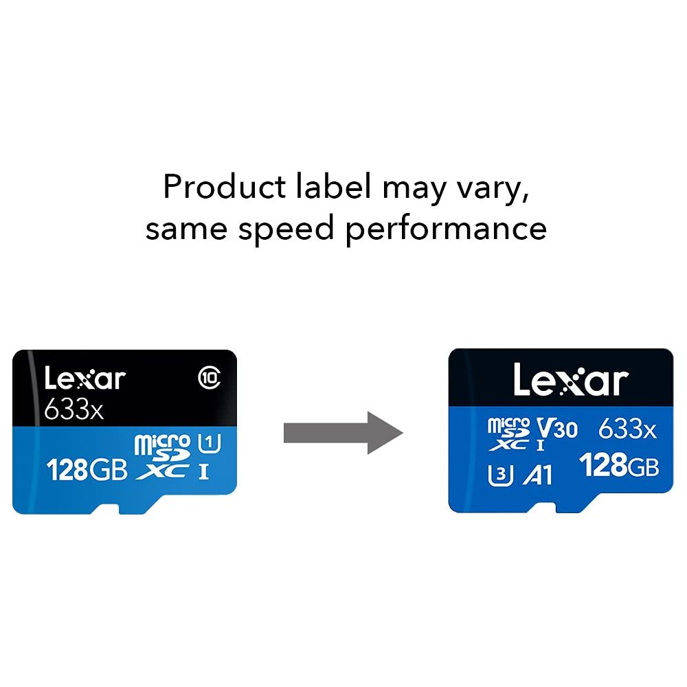 Zwei Lexar 128GB microSD-Karten nebeneinander mit Pfeil.
