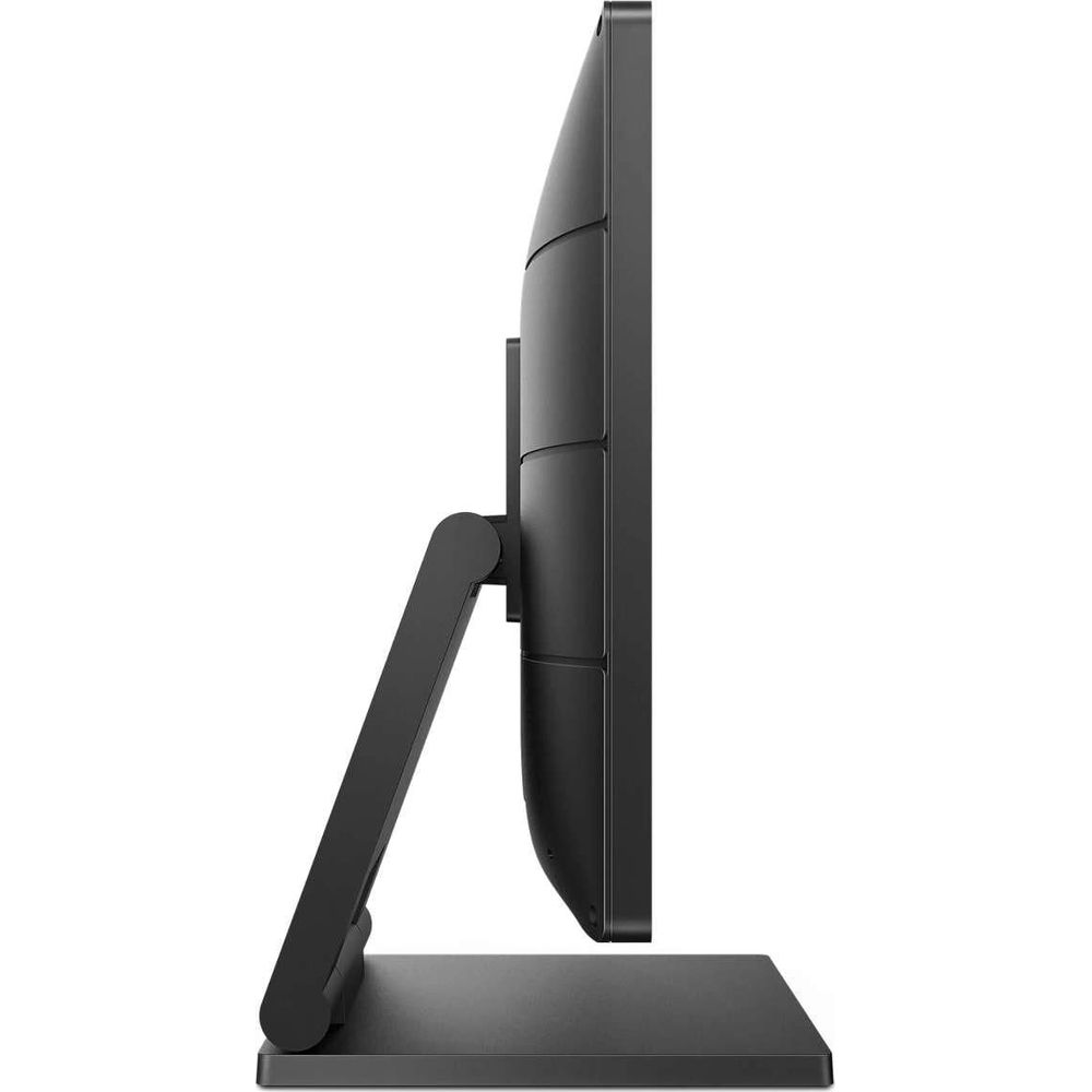 Seitenansicht eines schwarzen Monitors mit schwenkbarem Arm und rechteckigem Ständer.