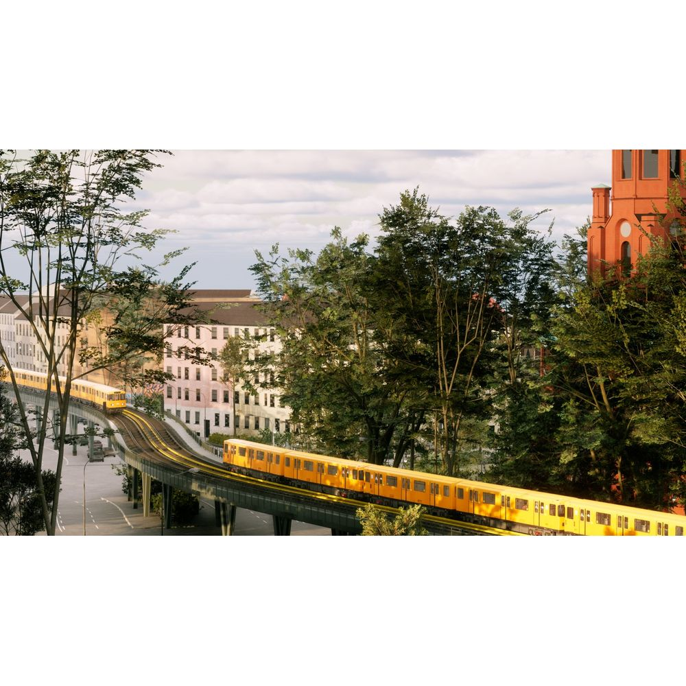 Gelber Zug fährt auf erhöhter Strecke an Gebäuden und Bäumen vorbei.