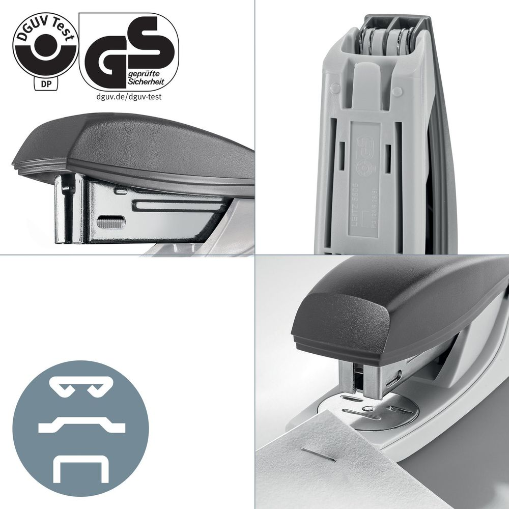 Cucitrice grigia con sigillo GS e logo DGUV Test. Inquadrature ravvicinate.