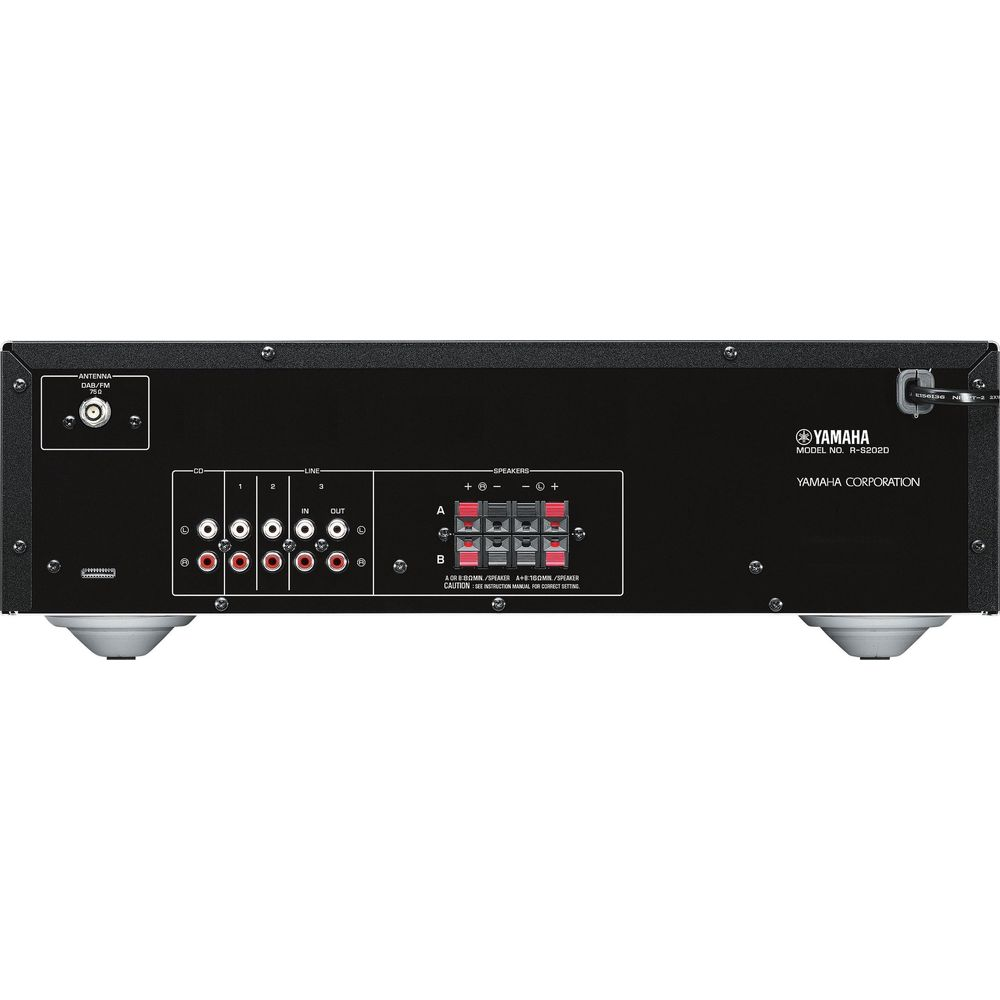 Rückseite eines schwarzen Yamaha R-S202D Receivers mit Anschlüssen für Antenne, CD, Line und Lautsprecher.