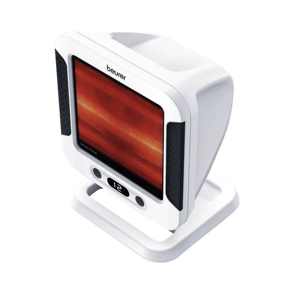 A white ceramic infrared heater with a red glow and digital display.