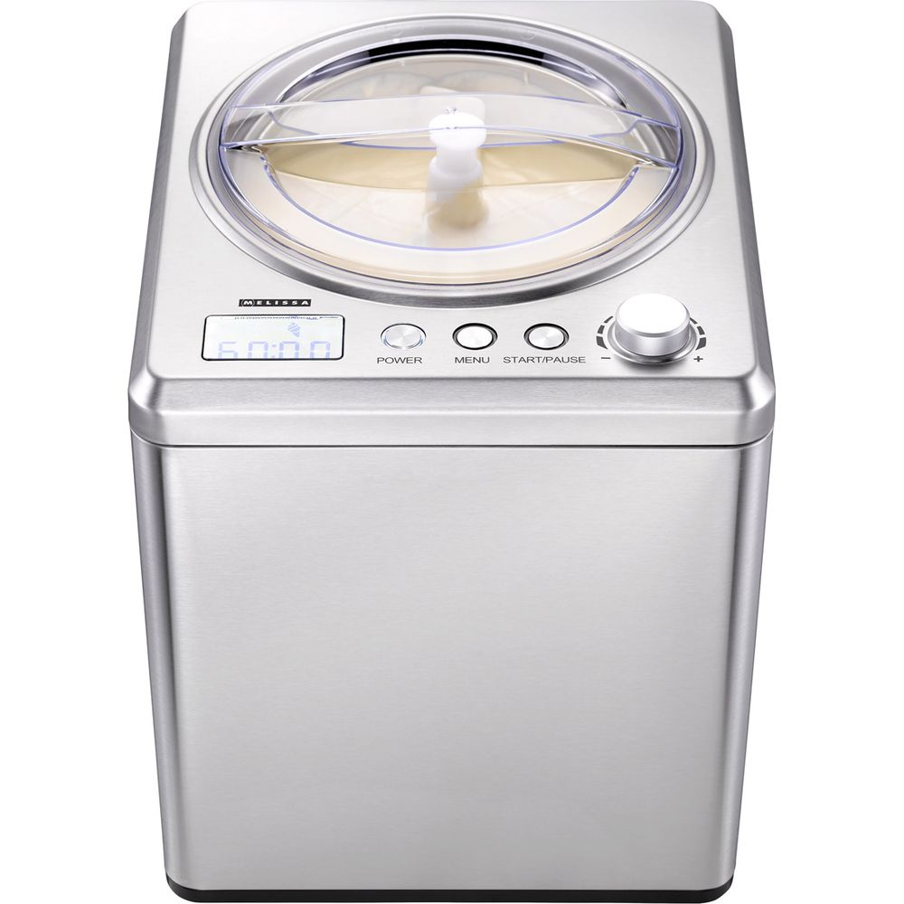 Una gelatiera argentata con coperchio trasparente e display digitale.