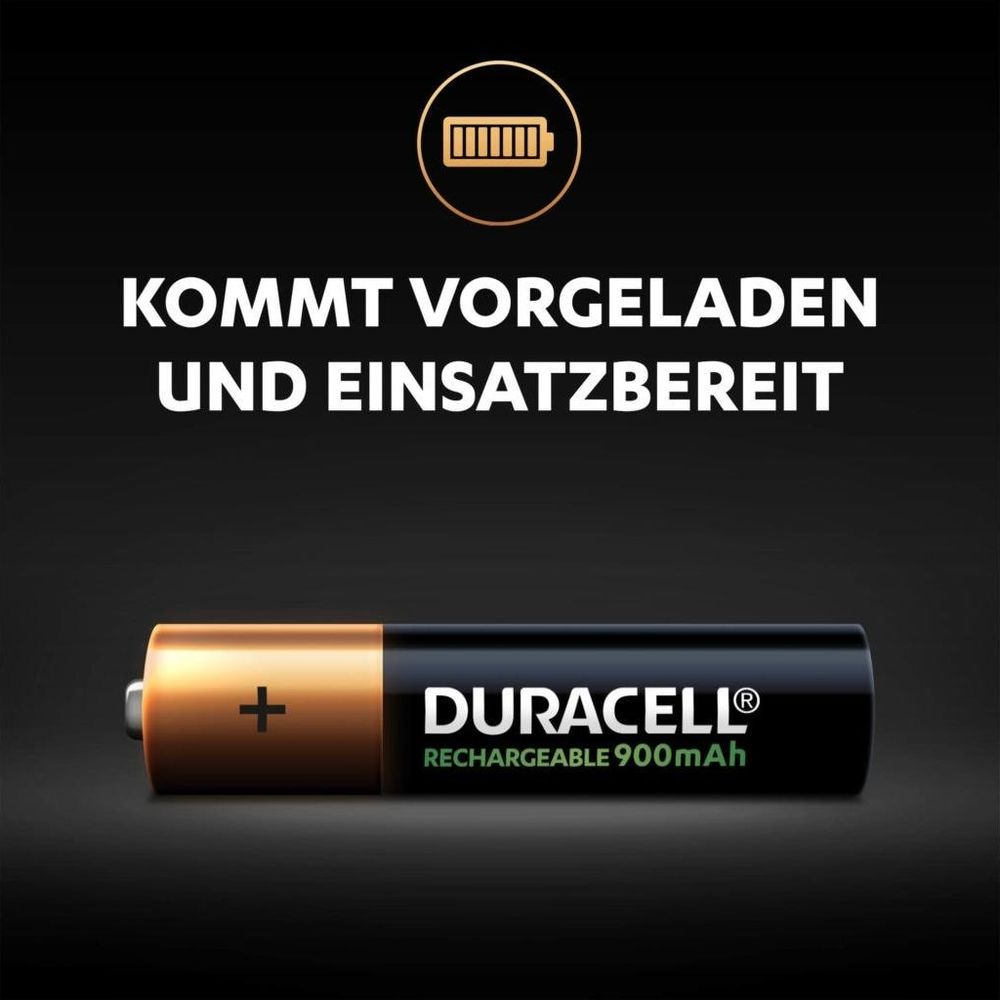 Akumulator Duracell ze wskaźnikiem naładowania i tekstem.