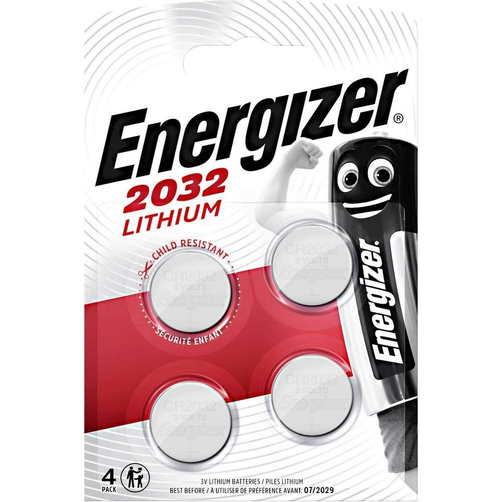 Pilas Energizer 2032 de litio, paquete de 4 con mascota de dibujos animados.