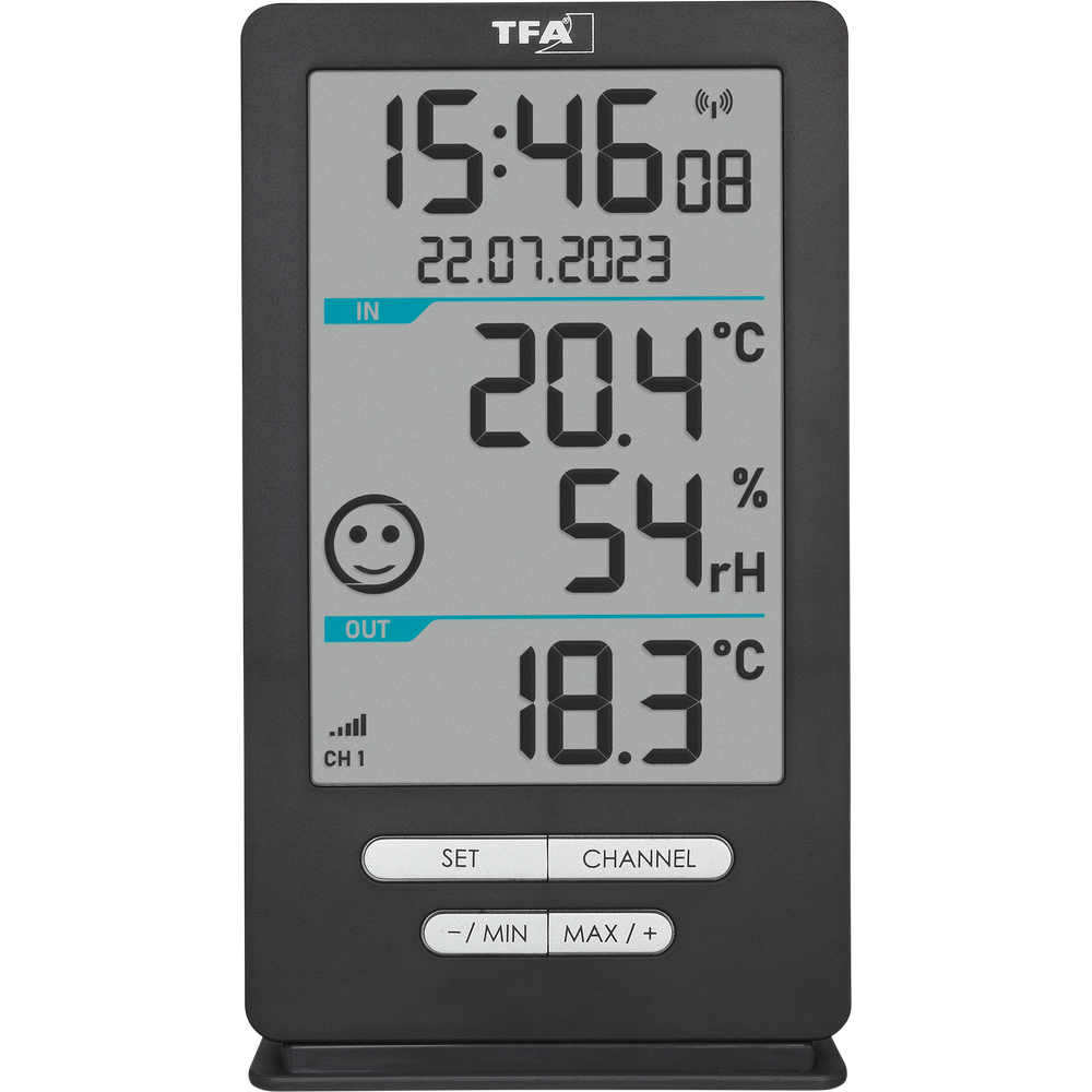 Digitaluhr mit Wetteranzeige: 15:46 Uhr, 22.07.2023, 20.4°C innen, 54% Luftfeuchte, 18.3°C außen.
