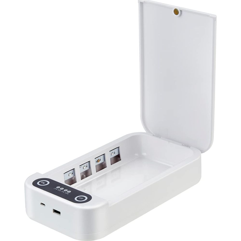 Een witte UV-sterilisatorbox voor telefoons, met deksel open.