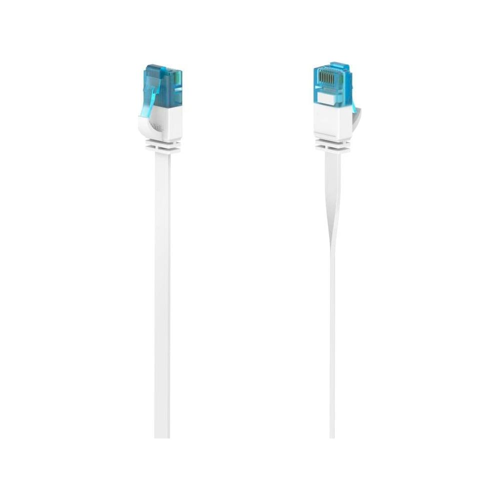 Due cavi di rete piatti bianchi con connettori RJ45 blu su sfondo bianco.