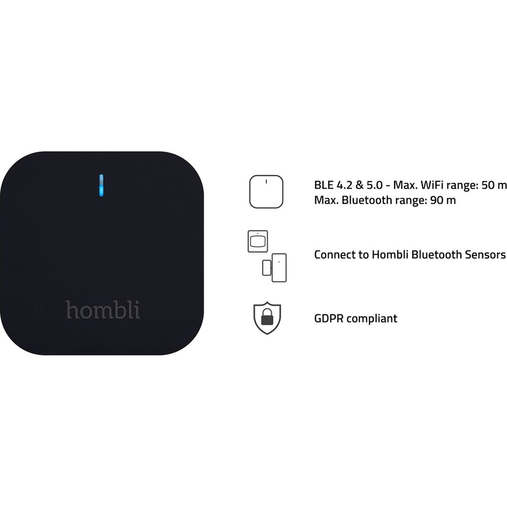 Schwarzes Hombli-Gerät mit blauer LED. Spezifikationen: BLE 4.2/5.0, Reichweite 50m WiFi, 90m BT.