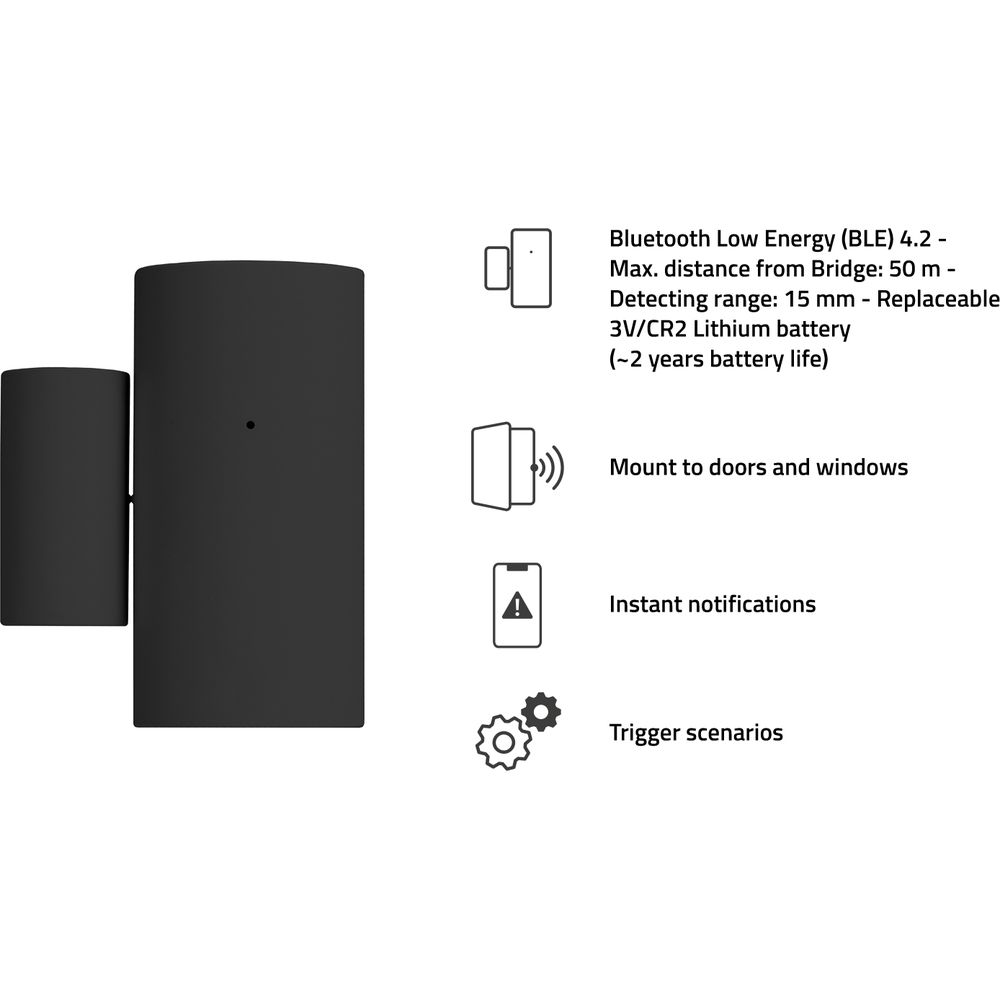 Schwarzer Sensor für Türen/Fenster mit Spezifikationen und Icons.