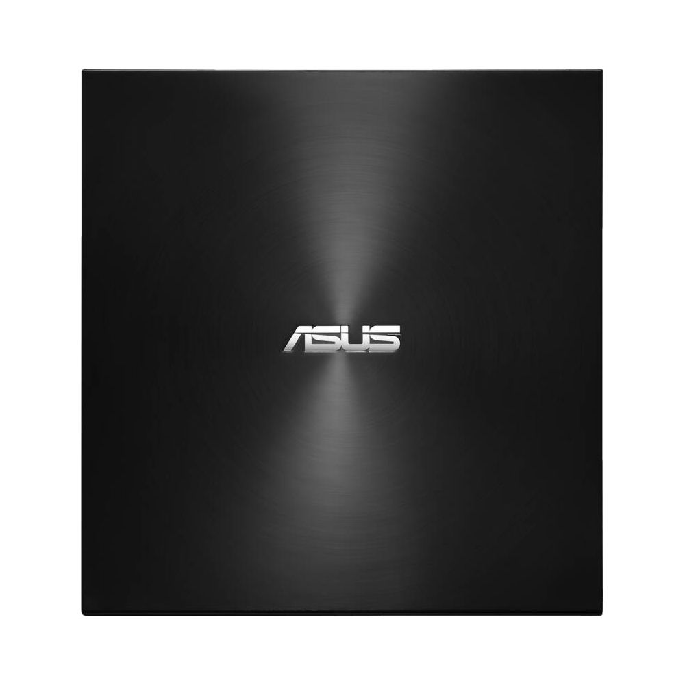Couvercle noir d'ordinateur portable finition brossée avec logo ASUS argenté au centre.