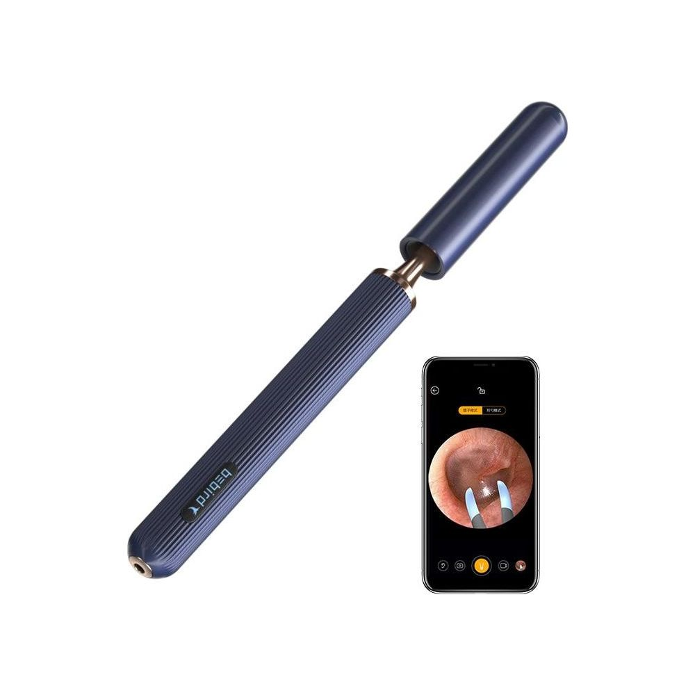 Ein blaues Ohrenreinigungsgerät mit einer Nahaufnahme eines menschlichen Ohres auf einem Smartphone.