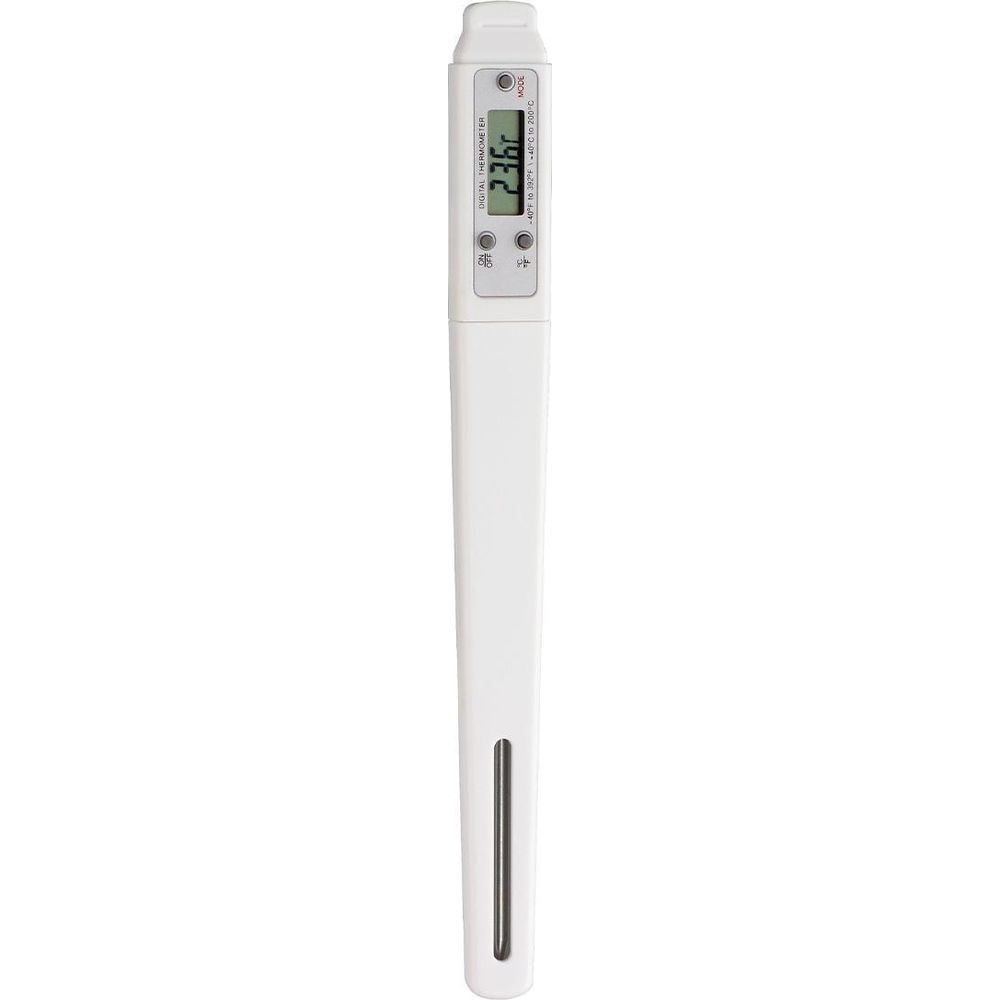 Ein weißes digitales Thermometer zeigt 23,6 °C an. Es hat einen Knopf und ein Display.
