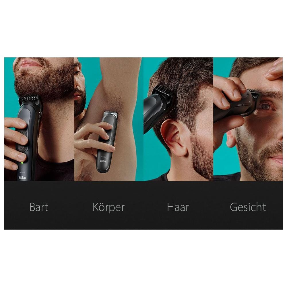 Cztery obrazy pokazują trymer do brody, ciała, włosów i twarzy.