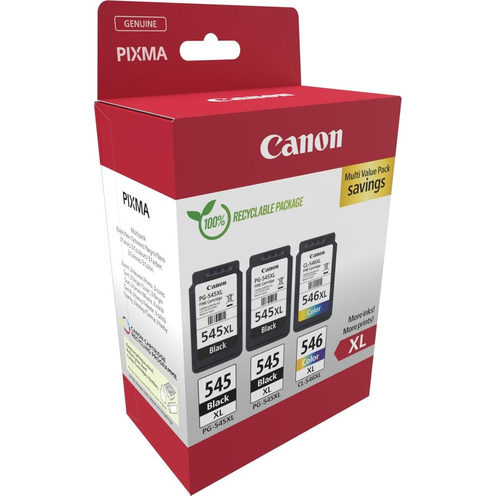 Zestaw Canon PIXMA z 3 wkładami: 2 czarne, 1 kolorowy, 100% nadaje się do recyklingu.