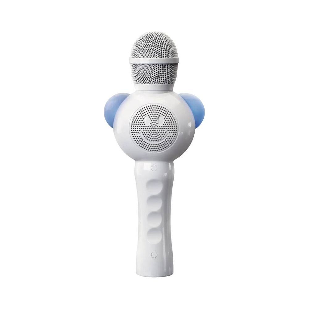 Een witte microfoon met luidspreker, smiley-gezicht en blauwe oren.