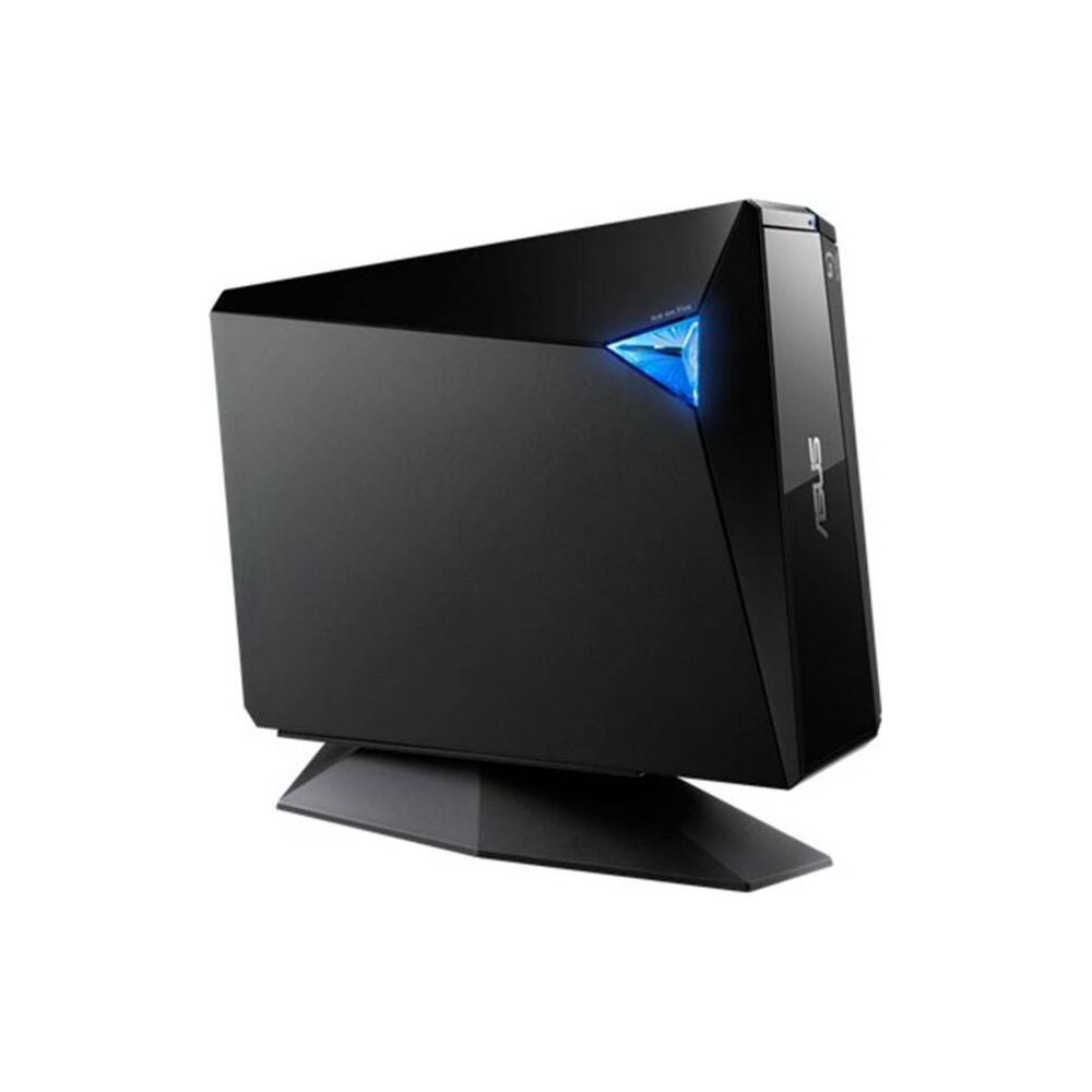 Czarny komputer Asus na stojaku z niebieskim światłem z przodu.