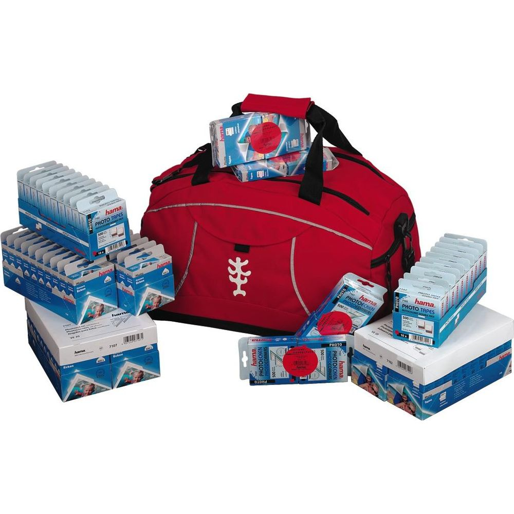 Czerwona torba sportowa z wieloma narożnikami i taśmami fotograficznymi Hama.