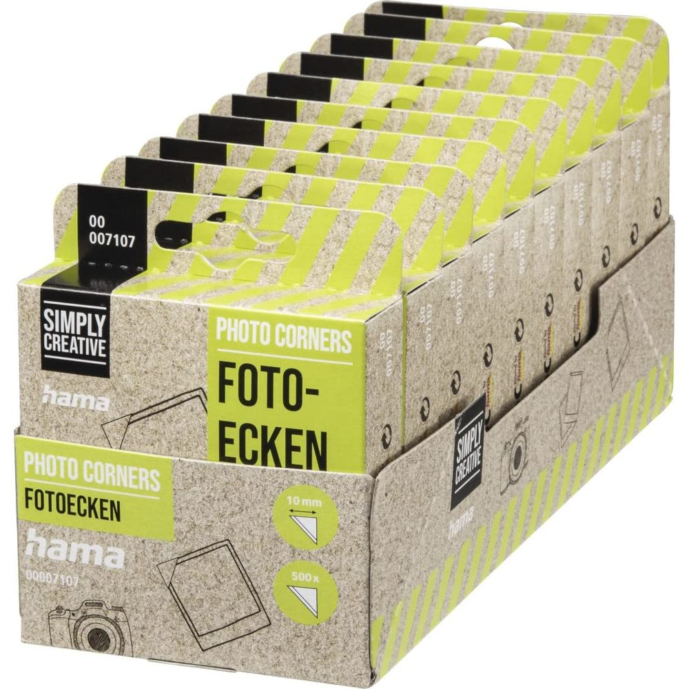 Opakowanie z wieloma pudełkami narożników fotograficznych, zielone i beżowe.