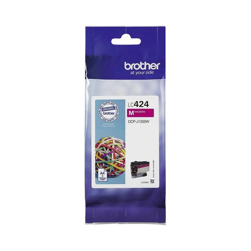 Brother LC424 Magenta inkt voor DCP-J1200W, met elastiekjes en papier.
