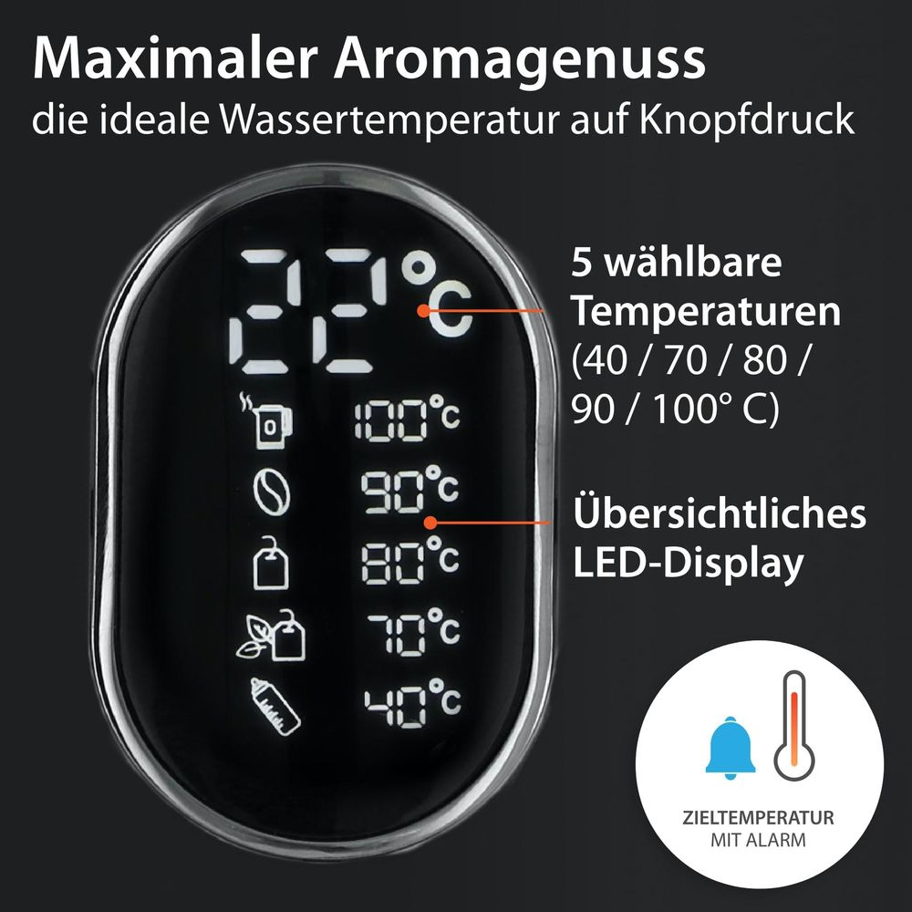 Digitalanzeige mit 5 wählbaren Temperaturen von 40°C bis 100°C.