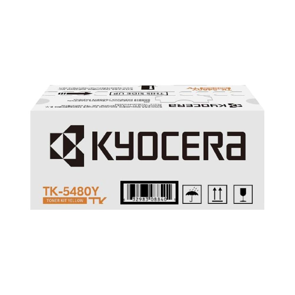 Opakowanie zestawu żółtego tonera Kyocera TK-5480Y z kodem kreskowym i ikonami.