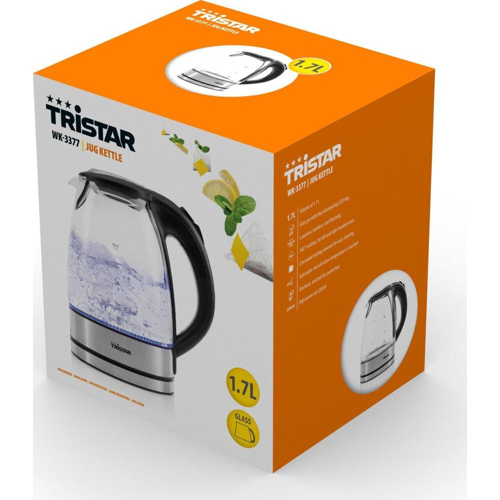 Tristar Wasserkocher mit 1,7L Kapazität, Glas und LED-Beleuchtung.