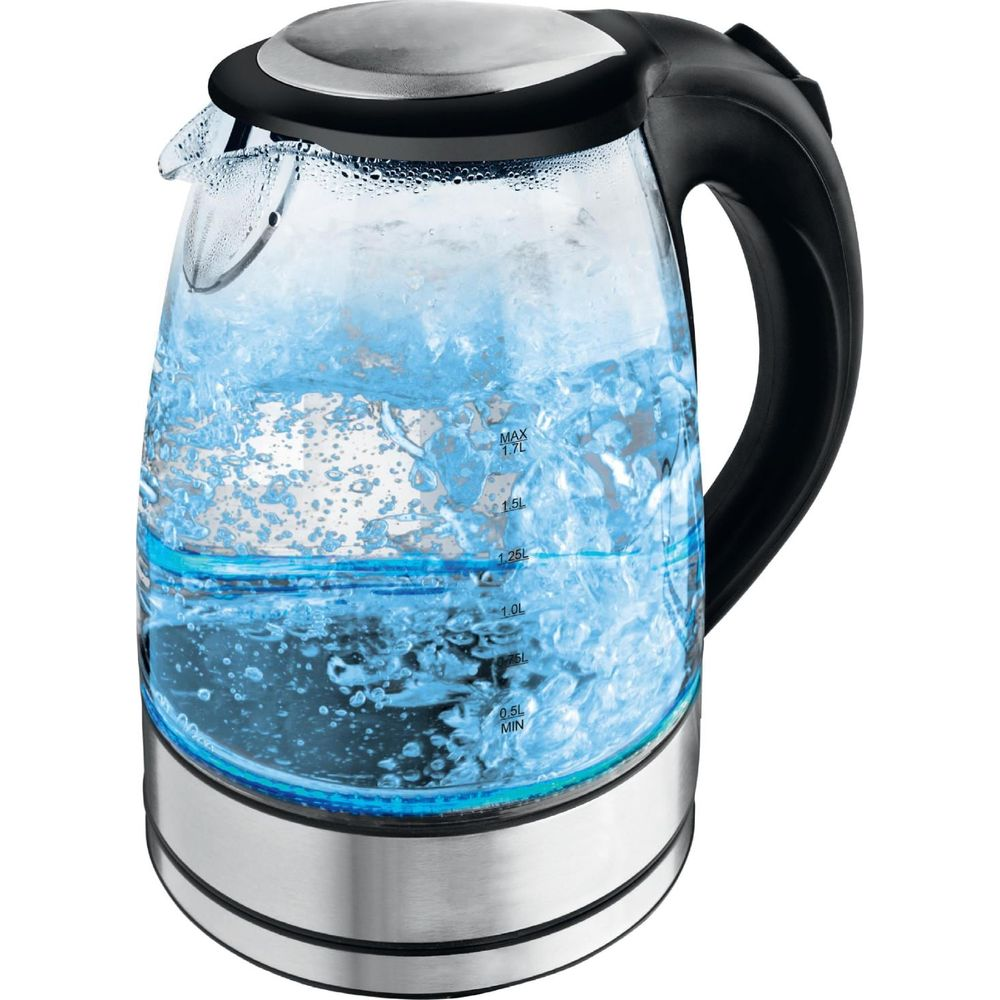 Ein Wasserkessel mit sprudelndem Wasser, der bis zur Markierung 1,5L gefüllt ist.