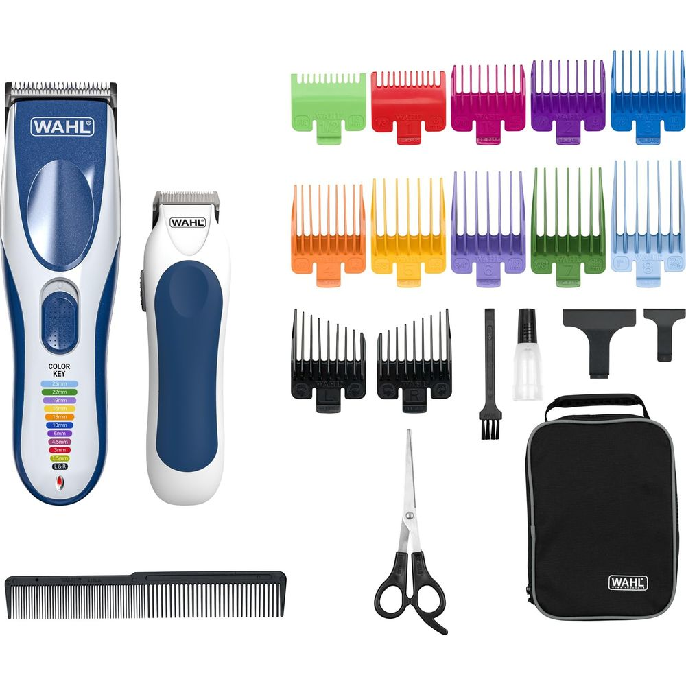 Ein Satz WAHL Haarschneidewerkzeuge mit Kämmen, Scheren, Bürste und Tragetasche.