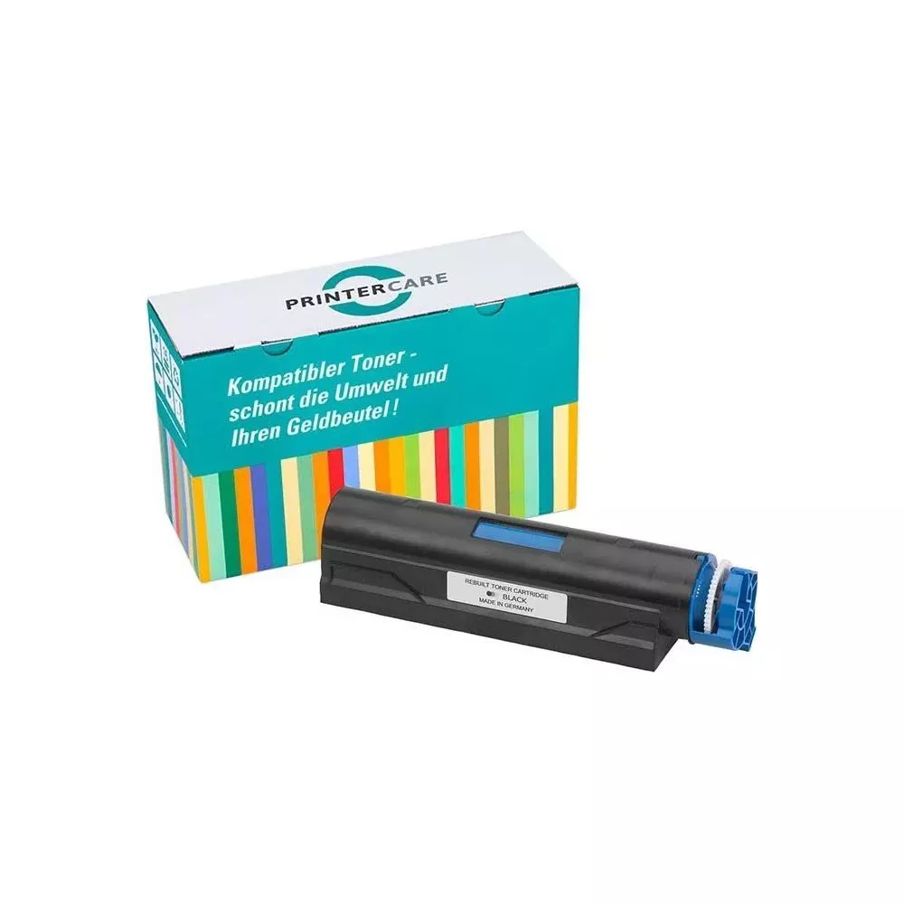 Czarny wkład tonera obok pudełka z kolorowymi paskami i tekstem.