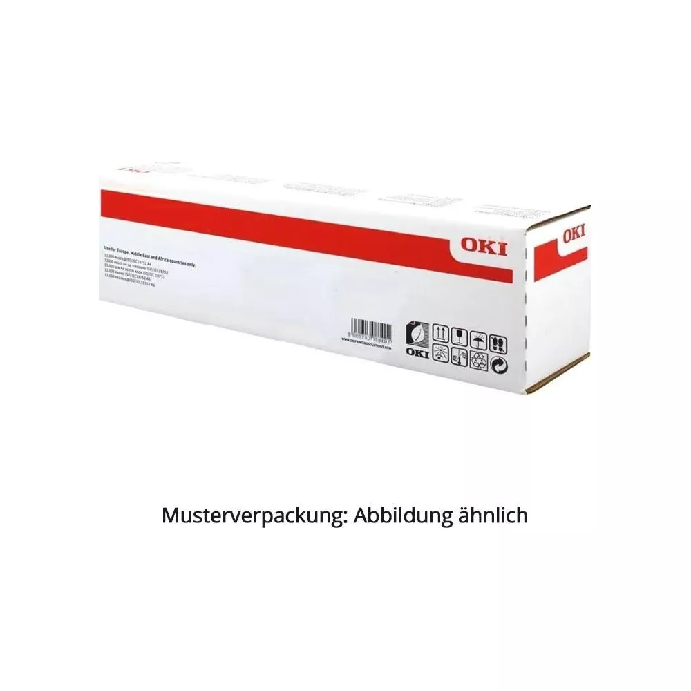 Długie białe pudełko OKI z czerwonym pasem i symbolami ostrzegawczymi.