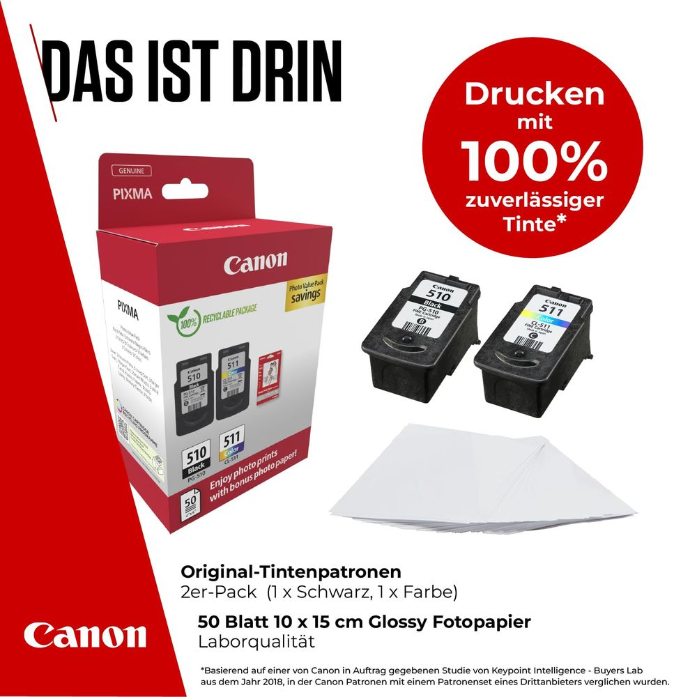 Tusze Canon PIXMA i opakowanie papieru fotograficznego. Zawiera 1 czarny i 1 kolorowy tusz.