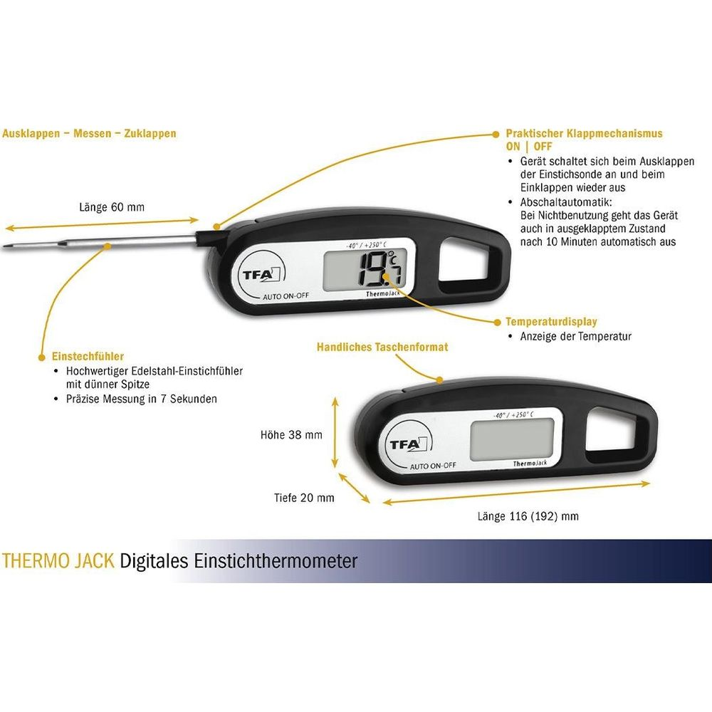 Thermomètre numérique à piquer avec sonde pliable, écran et arrêt automatique.
