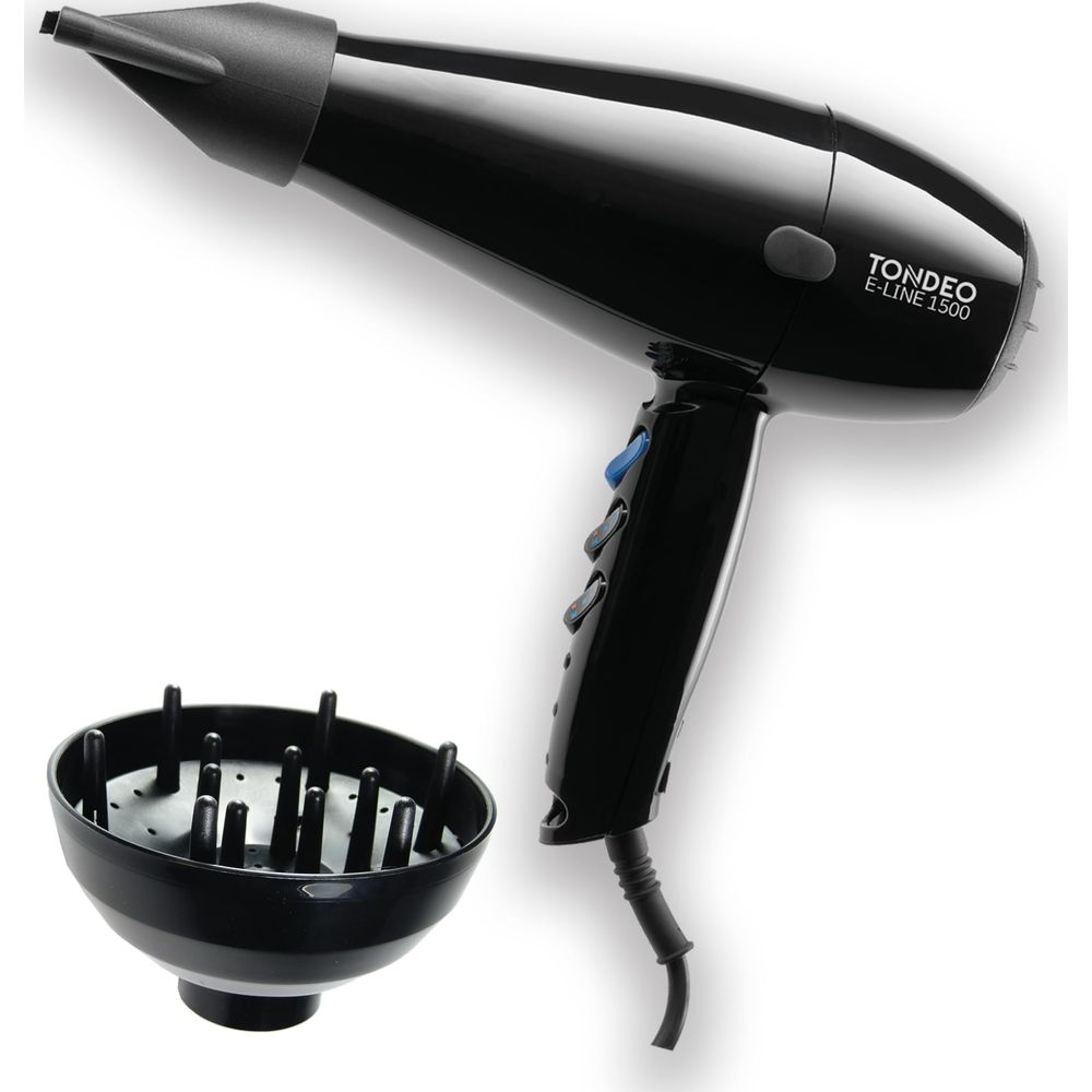 Czarna suszarka do włosów z dyfuzorem na białym tle.