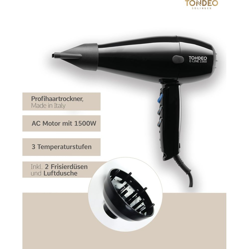 Czarna profesjonalna suszarka do włosów z nasadkami, Made in Italy, 1500W.