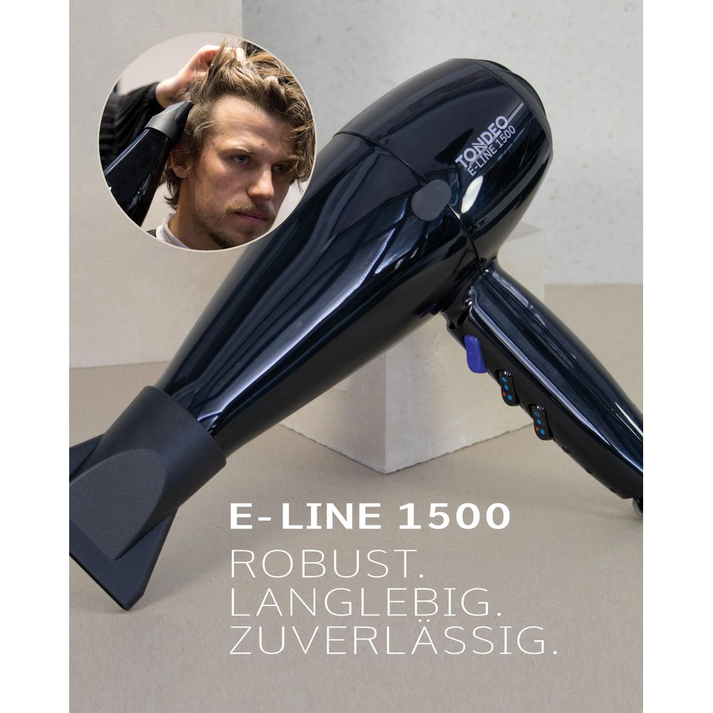 Czarna suszarka do włosów Tondeo z mężczyzną suszącym włosy.