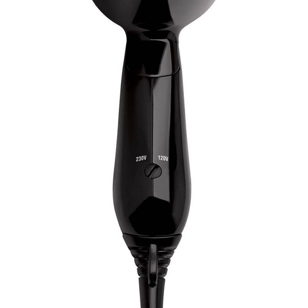 Czarna suszarka do włosów z przełącznikiem 230V/120V.