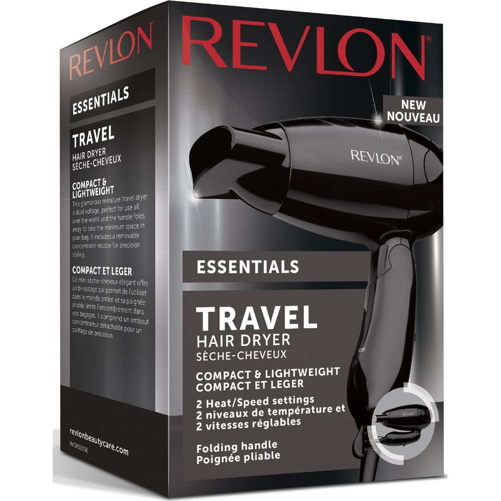 Czarna suszarka do włosów Revlon do podróży z napisem "Essentials" i "Travel".