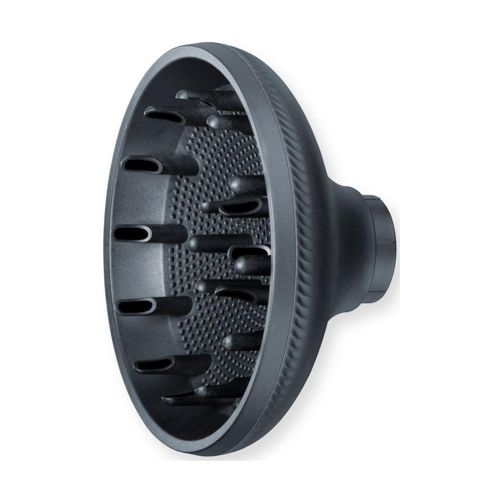 Un diffuseur noir pour sèche-cheveux avec de petits trous.