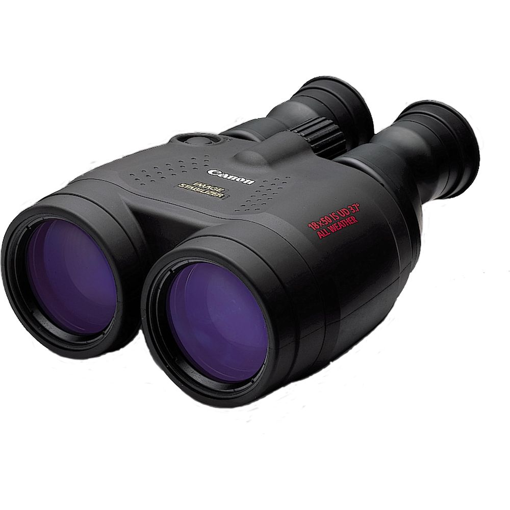 Czarne lornetki Canon z fioletowymi soczewkami i napisami.