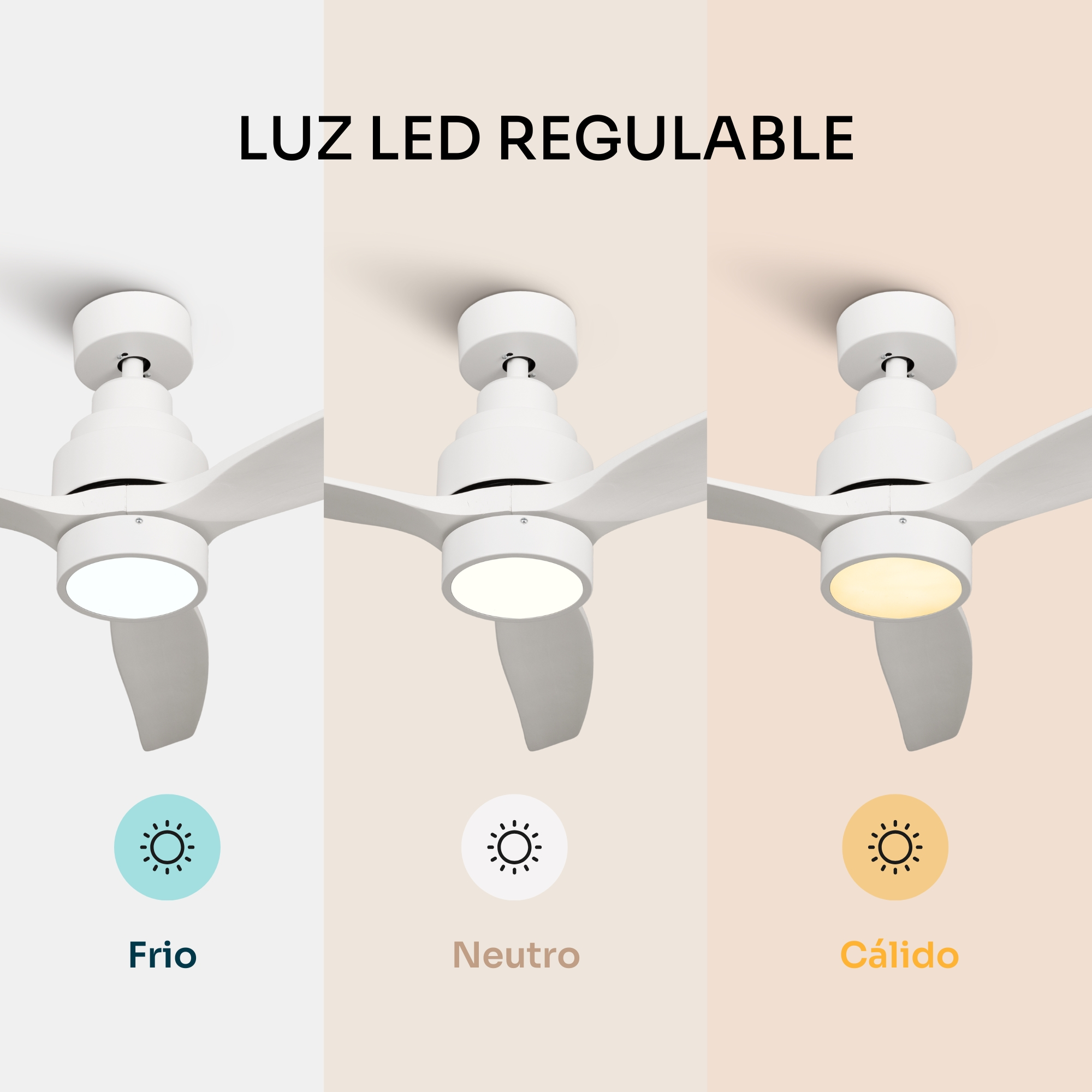 Ventilatori da soffitto bianchi con luce LED in tre temperature colore: Freddo, Neutro, Caldo.